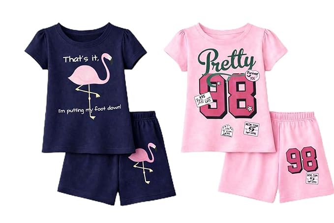 Girl's Half Sleeves Regular Fit Cotton T-Shirts and Shorts Set (Set of 2, Pink and Navy Blue)